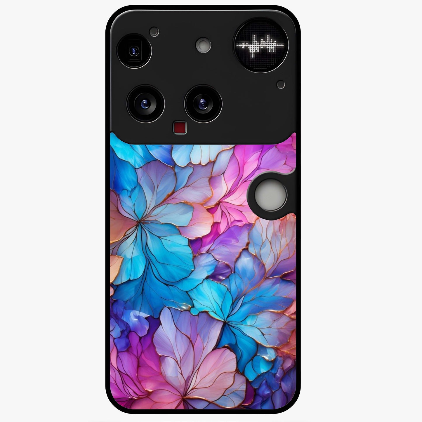 Radiant Floral Whirl Glass Case showing flat back view with swirling floral artwork and glossy glass finish.