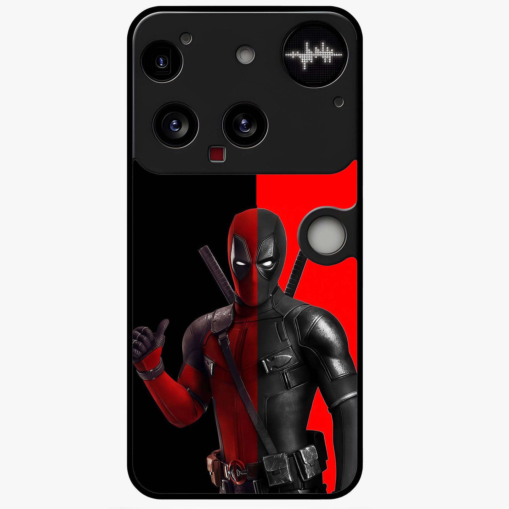 Red & Black Deadpool Theme Glass Case showing flat back view with bold comic inspired artwork and glossy glass finish.