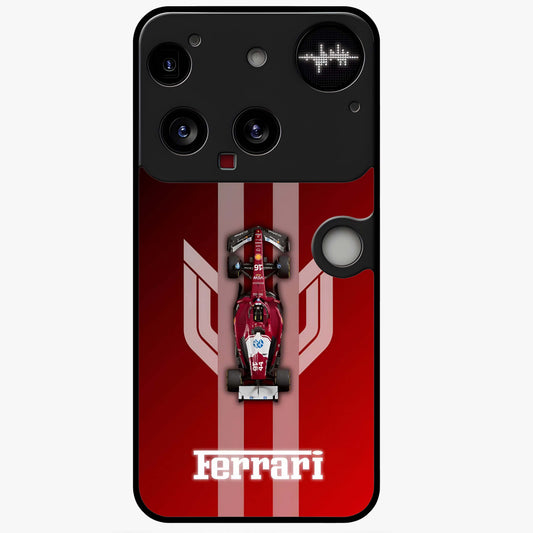 Red Ferrari F1 Vertical Glass Case showing flat back view with sleek Formula racing car artwork and glossy glass finish.