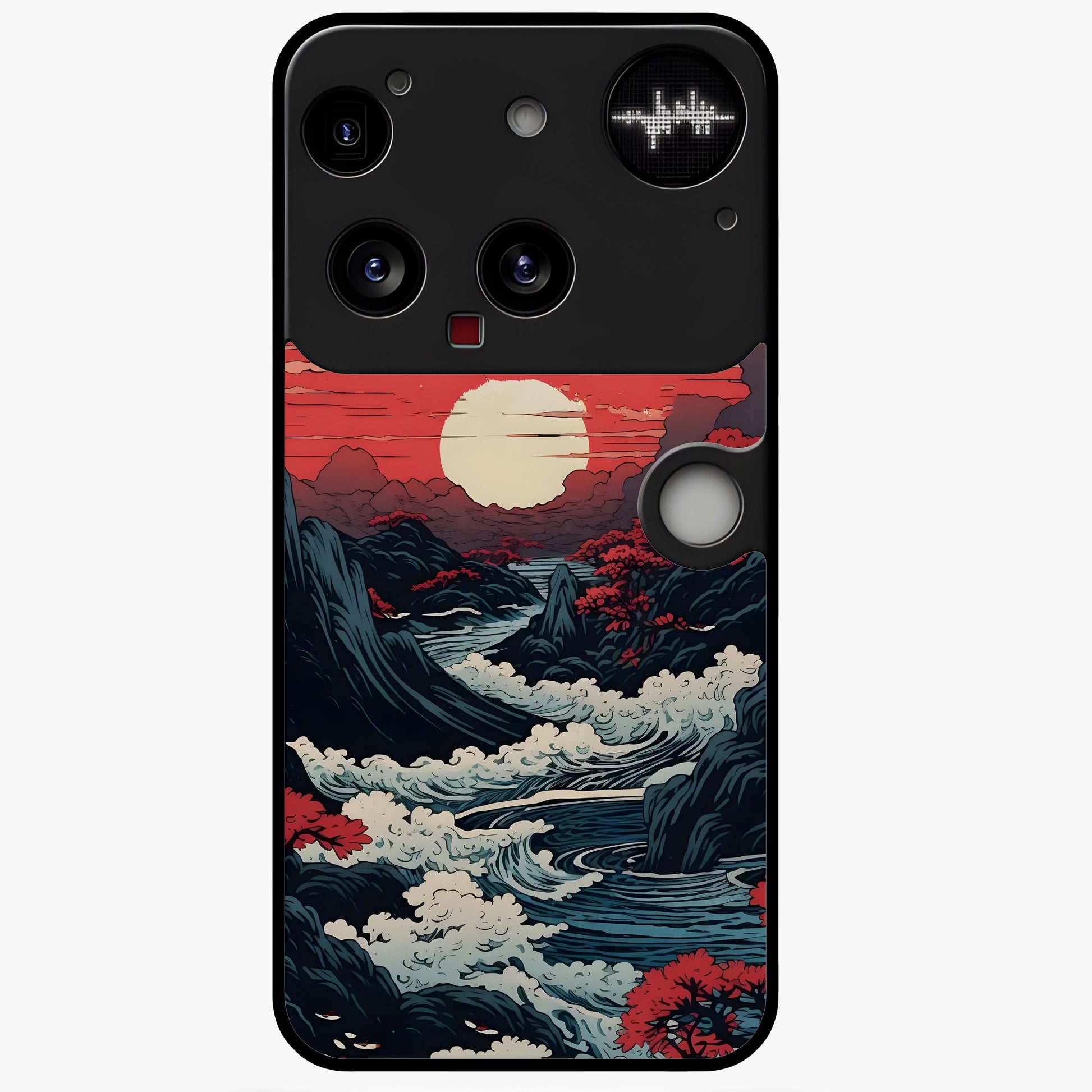 Red Sunset Scenery Glass Case showing flat back view with vibrant sunset landscape artwork and glossy glass finish.
