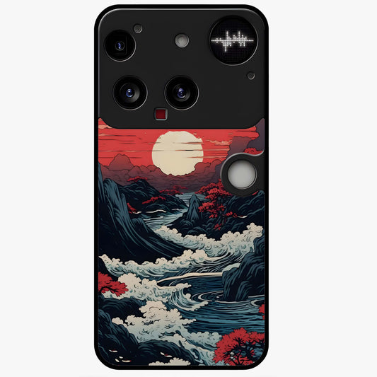 Red Sunset Scenery Glass Case showing flat back view with vibrant sunset landscape artwork and glossy glass finish.
