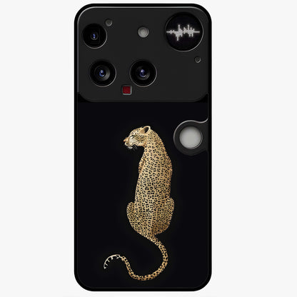 Regal Leopard Glass Case showing flat back view with bold leopard artwork and glossy glass finish.