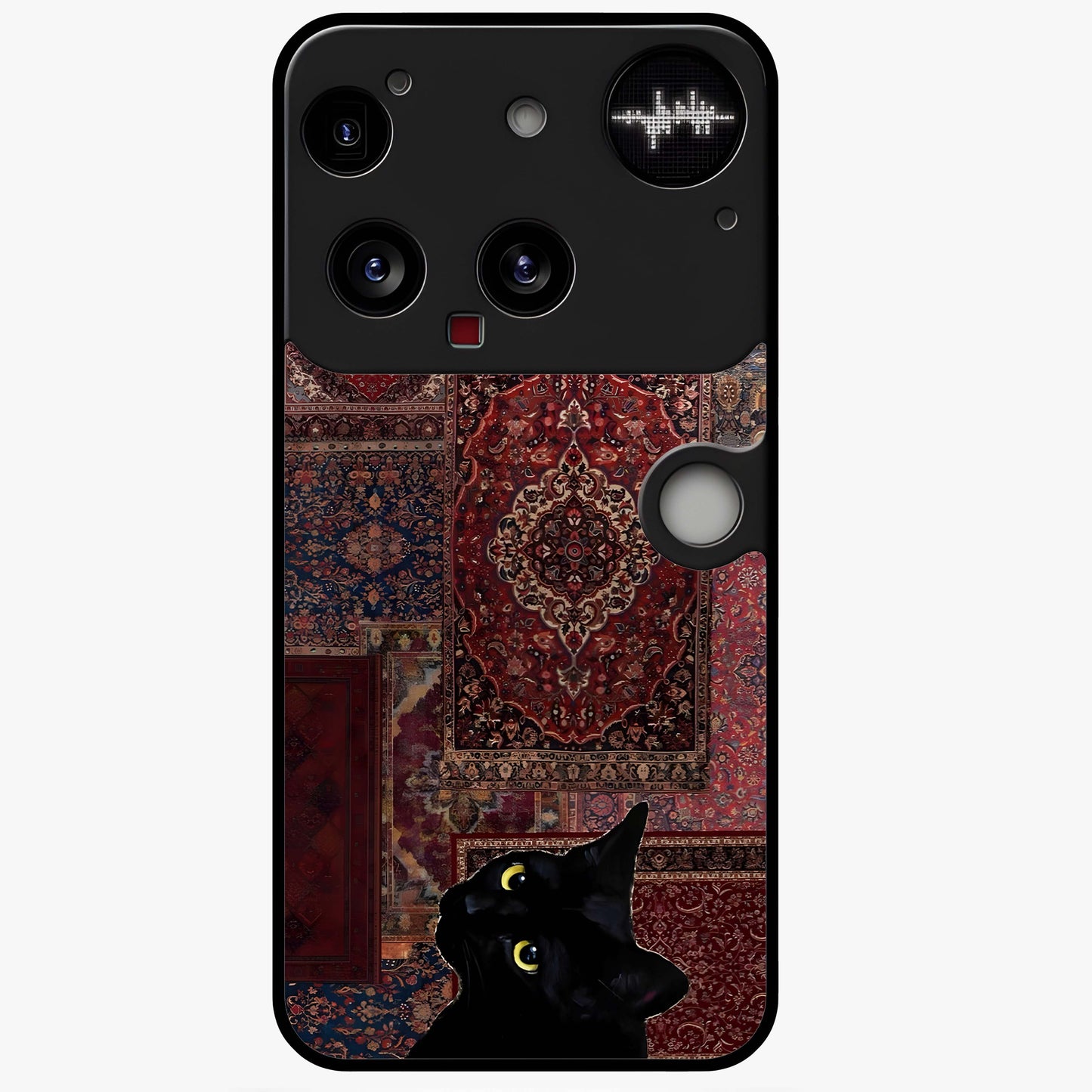 Regal Magic Cat Apple Glass Case showing flat back view with magical cat artwork holding apple and glossy glass finish.