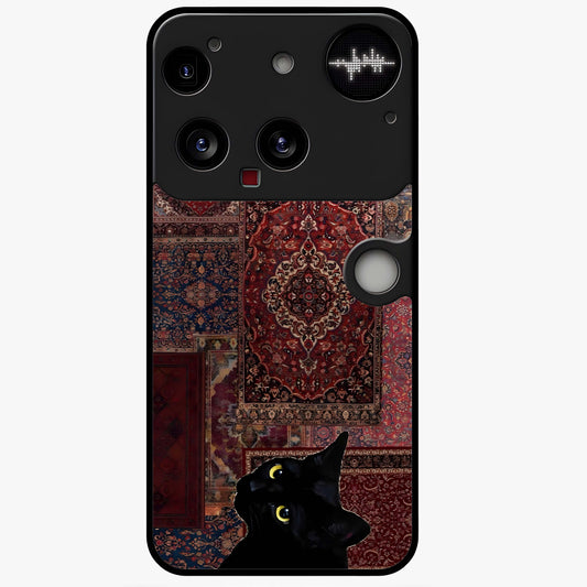 Regal Magic Cat Apple Glass Case showing flat back view with magical cat artwork holding apple and glossy glass finish.