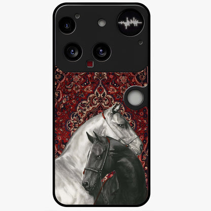 Regal Stallion Tapestry Glass Case showing flat back view with majestic horse tapestry artwork and glossy glass finish.
