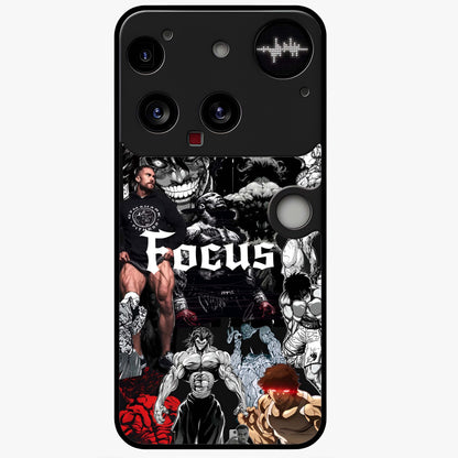 Relentless Power Focus Glass Case showing flat back view with motivational typography artwork and glossy glass finish.