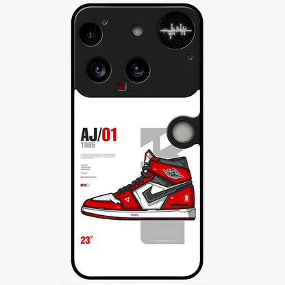Retro Sneaker Blueprint Glass Case showing flat back view with sneaker blueprint style artwork and glossy glass finish.