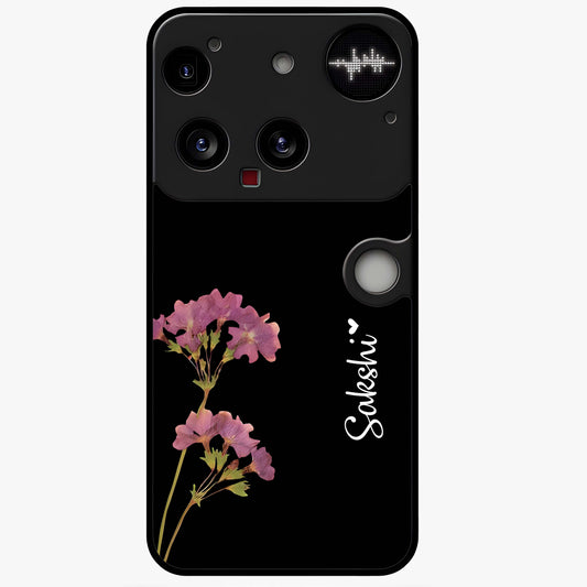 Riching Lavender Flower Custom Name Glass Case showing flat back view with lavender floral artwork and personalized name design.