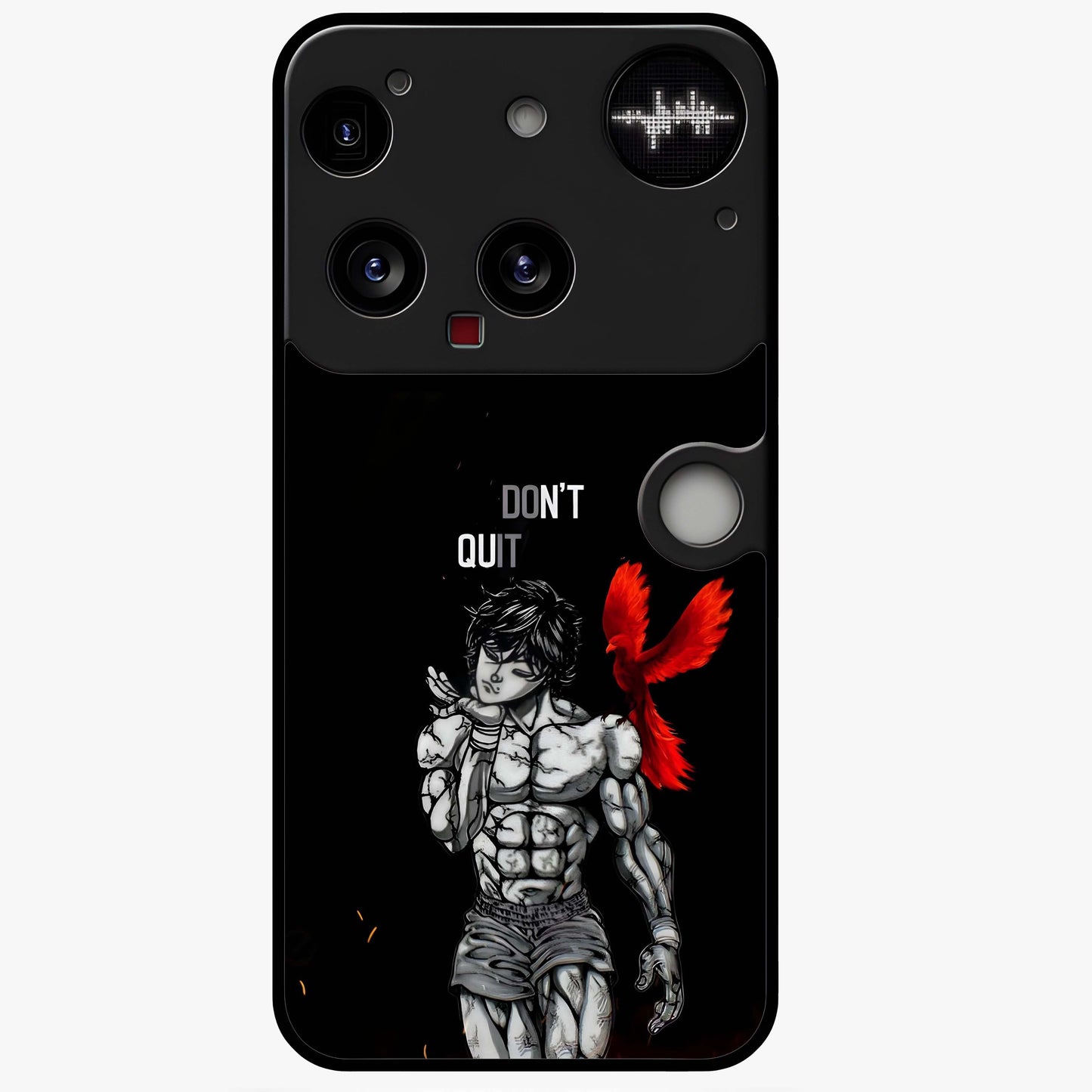 Rise Beyond Limits Glass Case showing flat back view with motivational typography artwork and glossy glass finish.