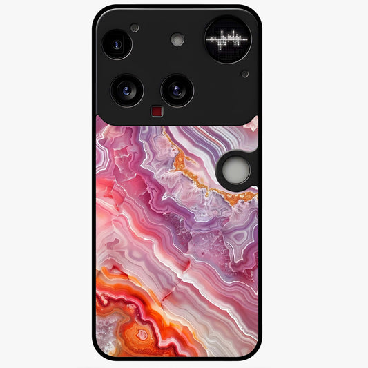 Rose Quartz Marble Glass Case showing flat back view with pink marble quartz texture artwork and glossy glass finish.