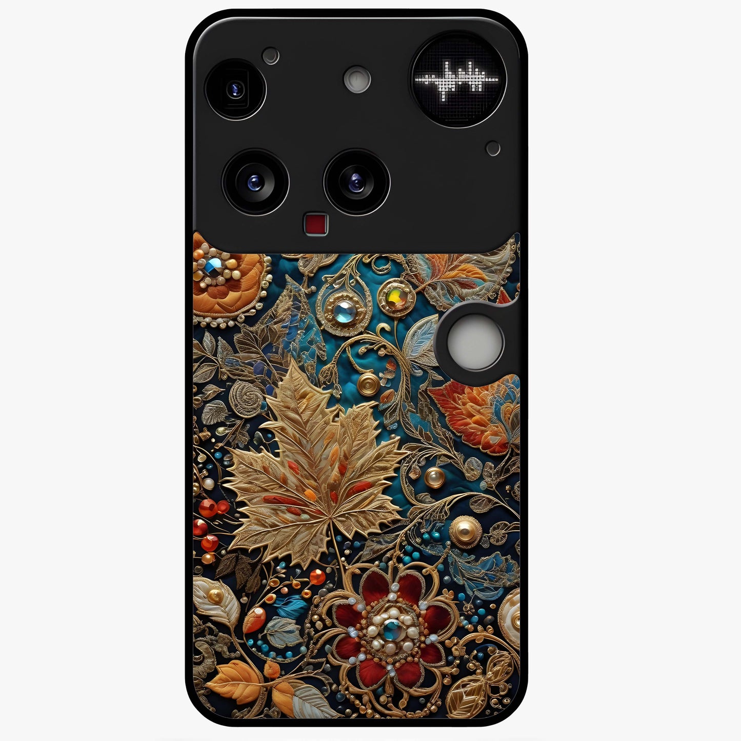 Royal Jewel Garden Glass Case showing flat back view with decorative floral garden artwork and glossy glass finish.
