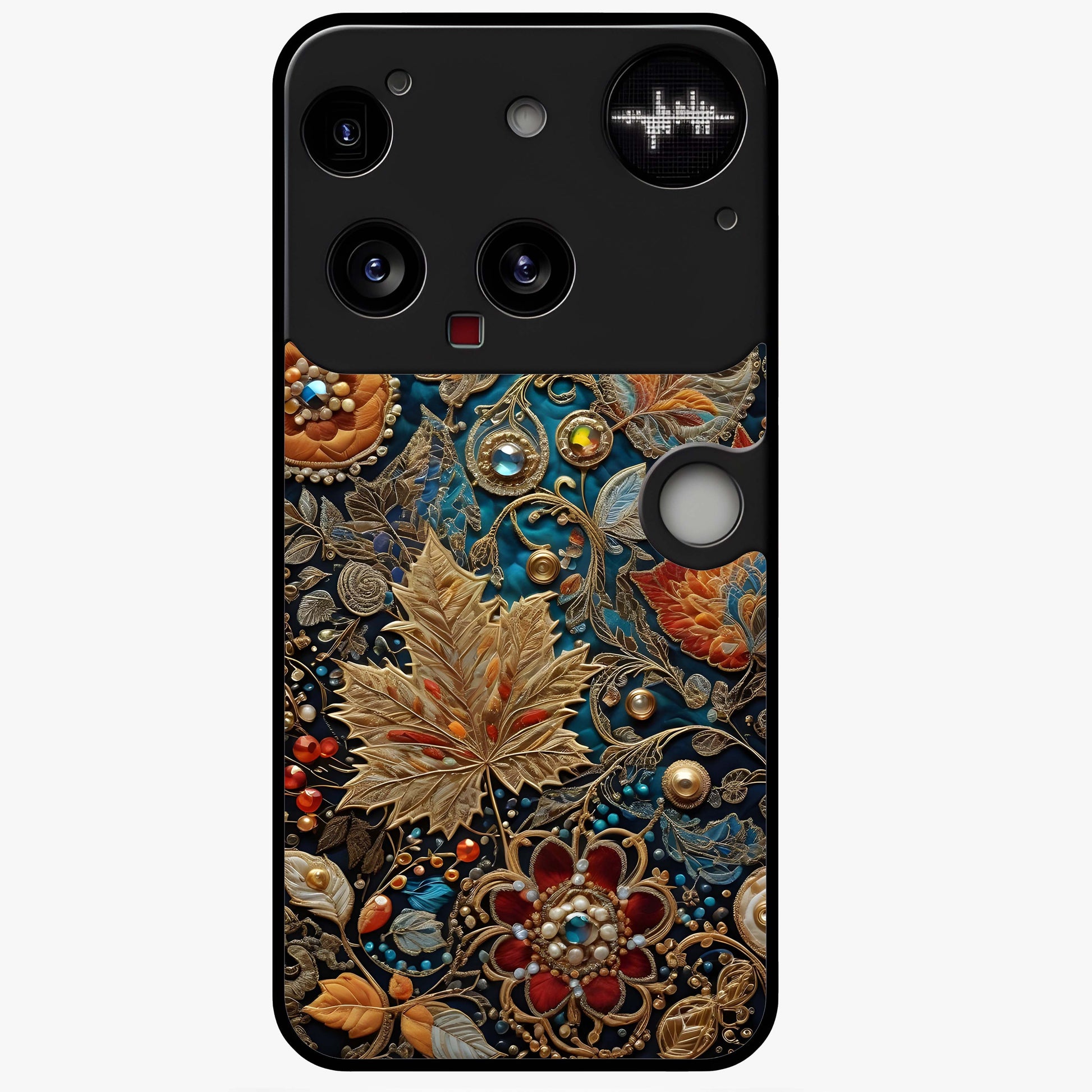 Royal Jewel Garden Glass Case showing flat back view with decorative floral garden artwork and glossy glass finish.