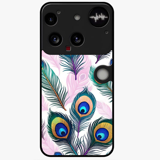 Royal Peacock Feathers Glass Case showing flat back view with colorful peacock feather artwork and glossy glass finish.