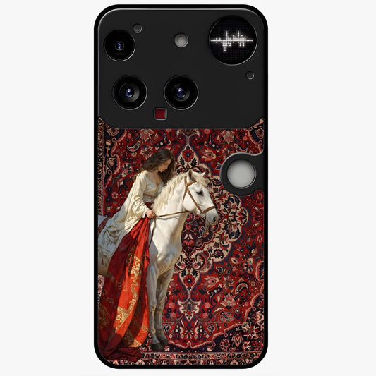 Royal Rider Tapestry Glass Case showing flat back view with majestic horse rider tapestry artwork and glossy glass finish.