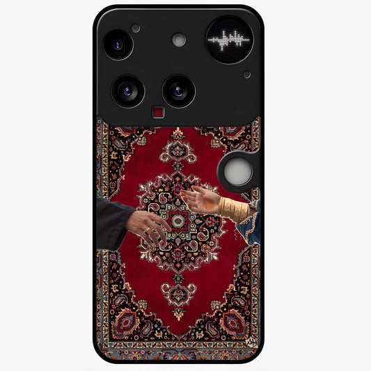 Royal Touch Reach Glass Case showing flat back view with elegant royal themed artwork and glossy glass finish.
