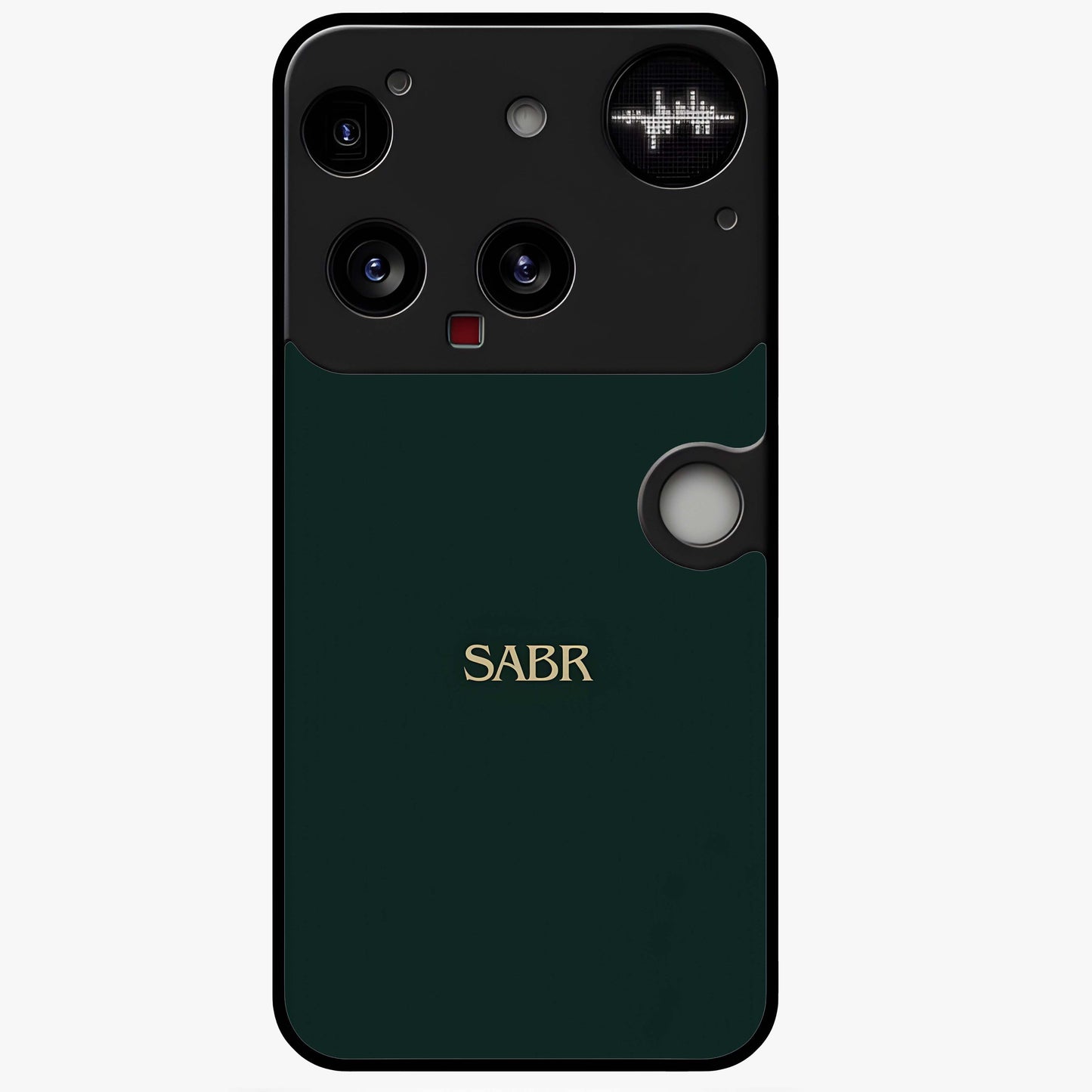 Sabr Minimal Patience Glass Case showing flat back view with minimalist typography artwork and glossy glass finish.