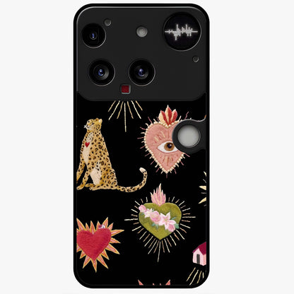 Sacred Jungle Heart Glass Case showing flat back view with jungle inspired heart artwork and glossy glass finish.