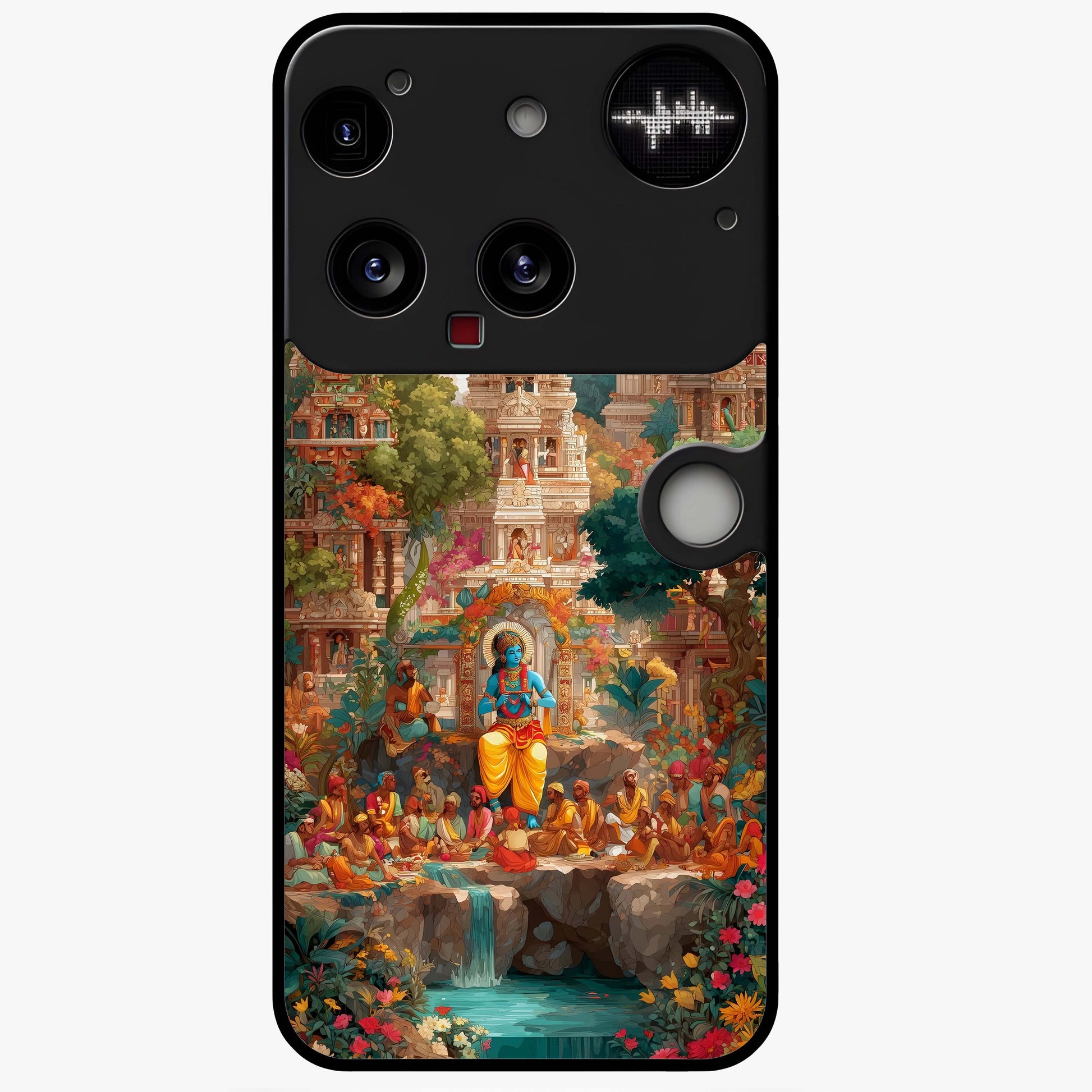 Sacred Sunlight Gods Glass Case showing flat back view with divine sunlight themed artwork and glossy glass finish.