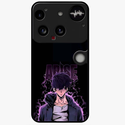 Shadow Monarch Awakening Glass Case showing flat back view with powerful dark monarch themed artwork and glossy glass finish.