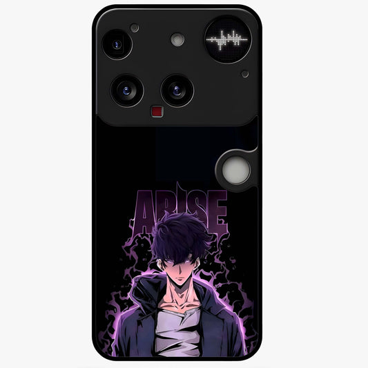 Shadow Monarch Awakening Glass Case showing flat back view with powerful dark monarch themed artwork and glossy glass finish.