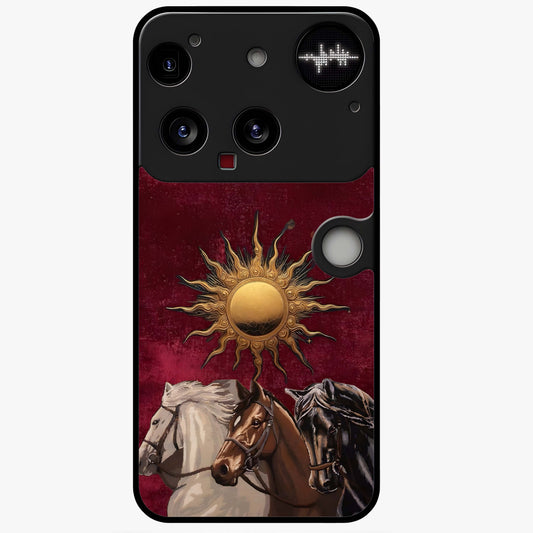 Solar Riders Glass Case showing flat back view with dynamic rider themed artwork and glossy glass finish.