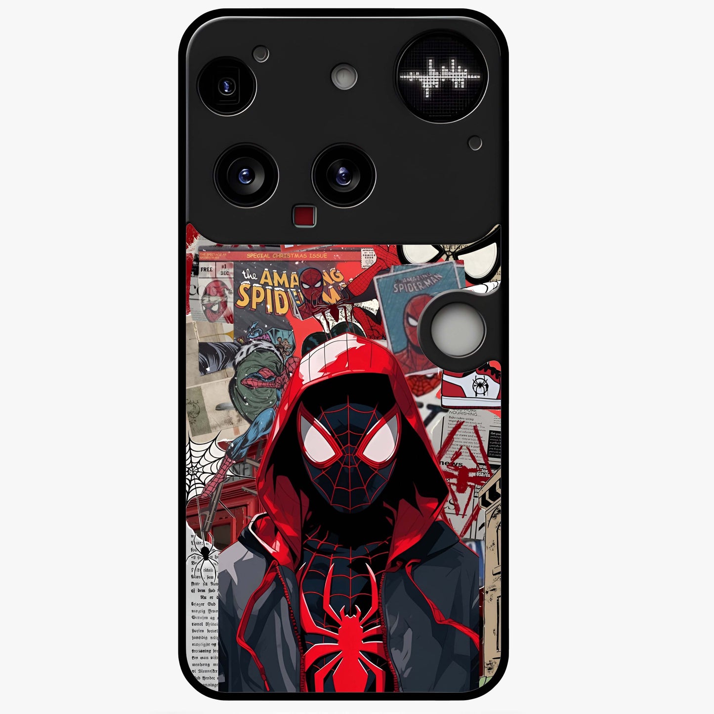 Spider Collage Street Glass Case showing flat back view with vibrant superhero collage artwork and glossy glass finish.