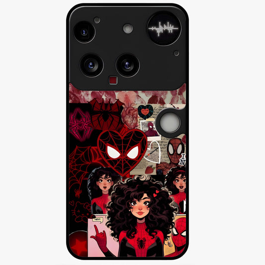 Spider Love Story Glass Case showing flat back view with romantic superhero themed artwork and glossy glass finish.
