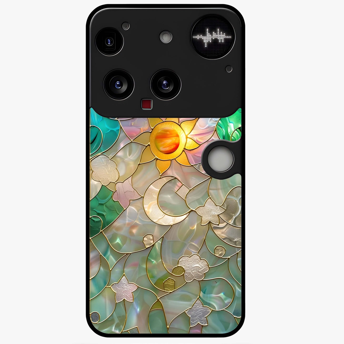 Stained Sunrise Glow Glass Case showing flat back view with glowing sunrise stained pattern artwork and glossy glass finish.