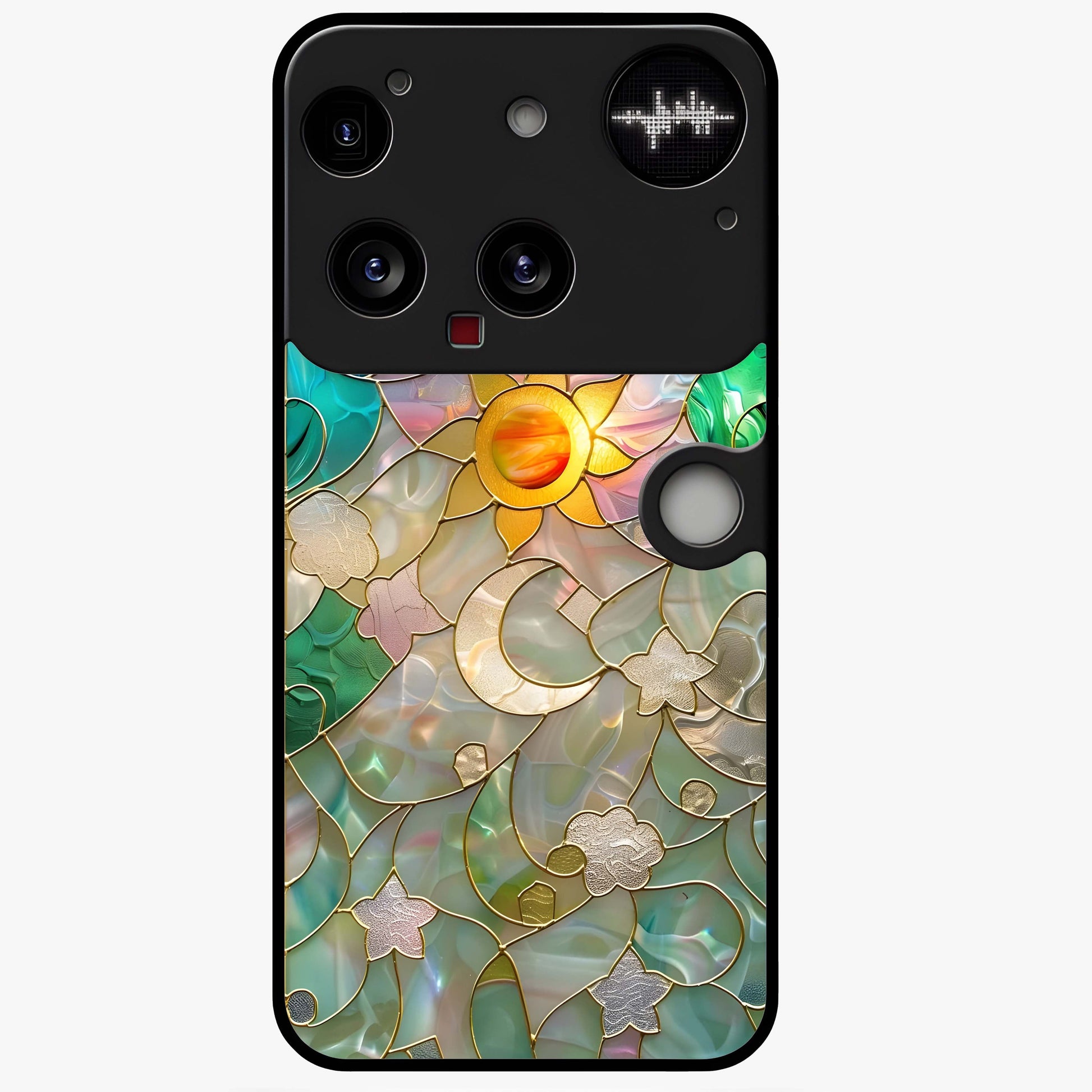 Stained Sunrise Glow Glass Case showing flat back view with glowing sunrise stained pattern artwork and glossy glass finish.