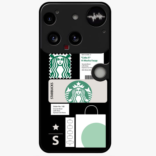Starbucks Mocha Glass Case showing flat back view with coffee inspired artwork and glossy glass finish.