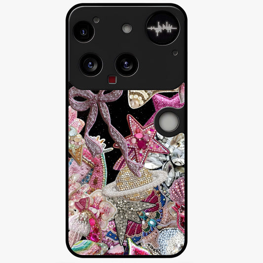 Starlit Jewel Dream Glass Case showing flat back view with sparkling jewel and star themed artwork and glossy glass finish.