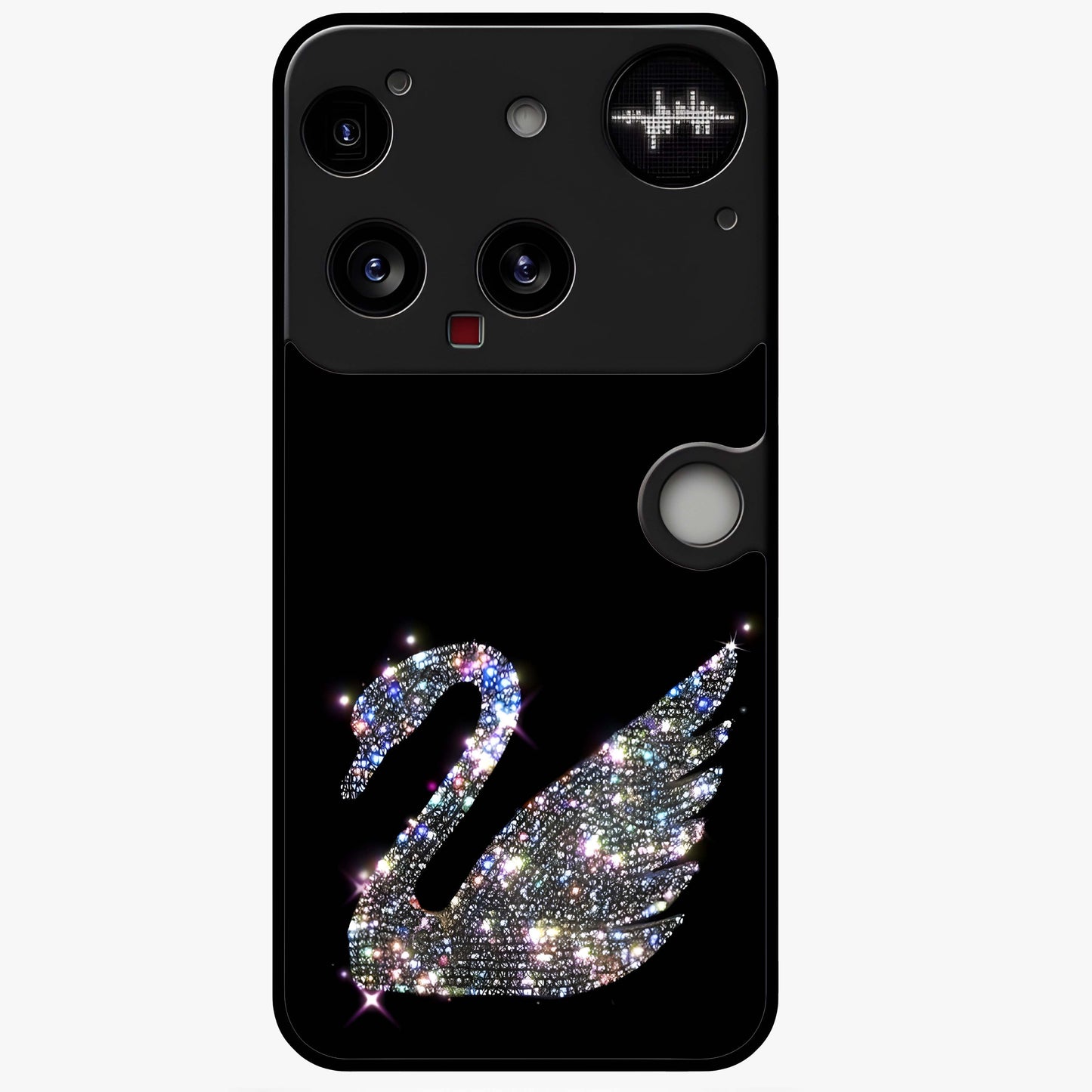 Starlit Swan Grace Glass Case showing flat back view with graceful swan artwork under starry sky and glossy glass finish.