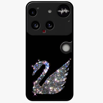 Starlit Swan Grace Glass Case showing flat back view with graceful swan artwork under starry sky and glossy glass finish.