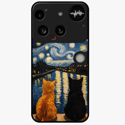 Starry River Cats Glass Case showing flat back view with cats by a starry river artwork and glossy glass finish.