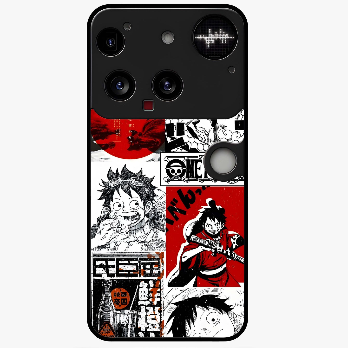 Strawhat Chaos Panels Glass Case showing flat back view with anime inspired chaos panel artwork and glossy glass finish.