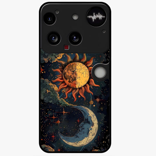 Sun And Moon Magic Design Glass Case showing flat back view with mystical sun and moon artwork and glossy glass finish.