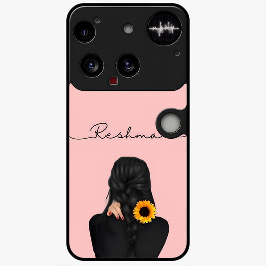 Sunflower Braid Beauty With Custom Name Glass Case showing flat back view with sunflower braid artwork and personalized name design.