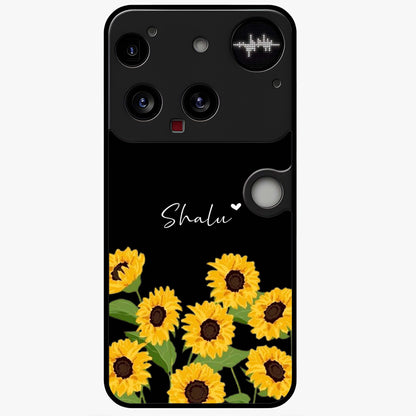 Sunflower Chic Mood Custom Name Glass Case showing flat back view with stylish sunflower artwork and personalized name design.