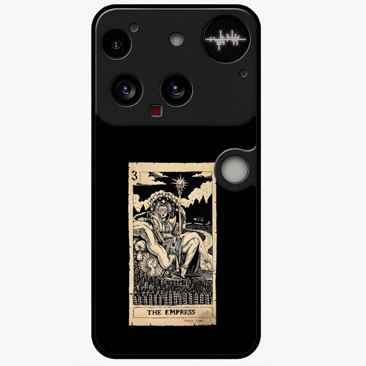 The Empress Glass Case showing flat back view with regal feminine artwork and glossy glass finish.