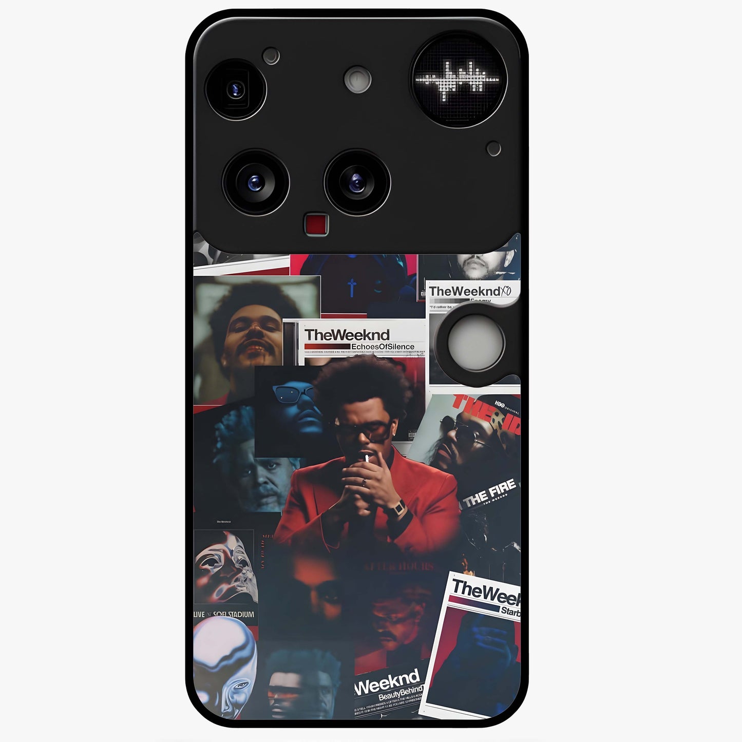 The Weeknd Glass Case showing flat back view with music inspired artistic portrait artwork and glossy glass finish.