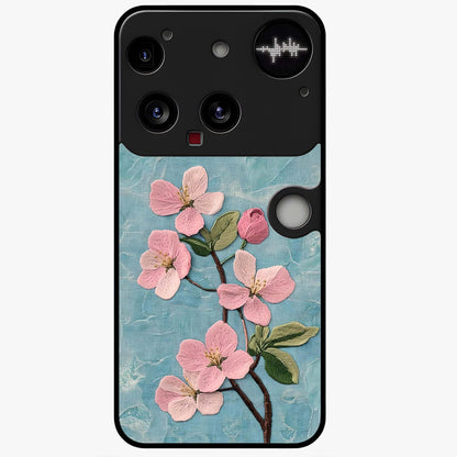 Threaded Blossom Breeze Glass Case showing flat back view with delicate blossom artwork and glossy glass finish.
