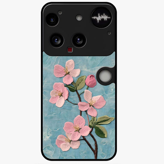 Threaded Blossom Breeze Glass Case showing flat back view with delicate blossom artwork and glossy glass finish.