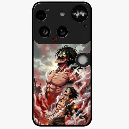 Titan Awakening Fury Glass Case showing flat back view with powerful titan inspired artwork and glossy glass finish.