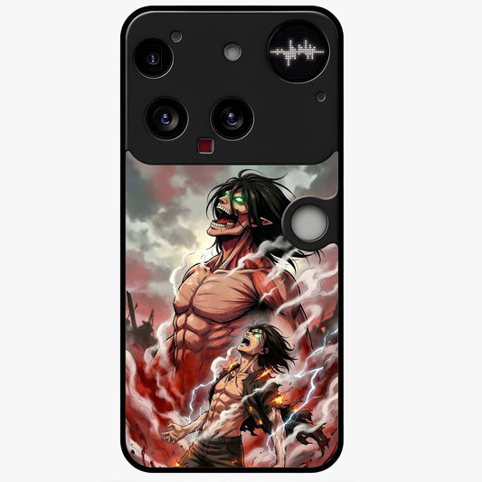 Titan Awakening Fury Glass Case showing flat back view with powerful titan inspired artwork and glossy glass finish.