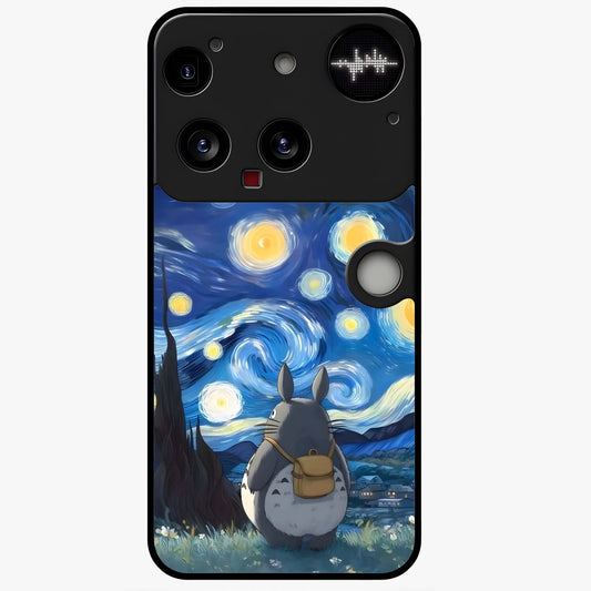 Totoro In Van Gogh Art Glass Case showing flat back view with whimsical character artwork inspired by Van Gogh style and glossy glass finish.
