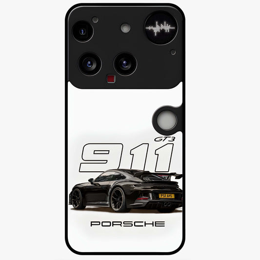 Turbo Legacy Icon Glass Case showing flat back view with iconic sports car inspired artwork and glossy glass finish.