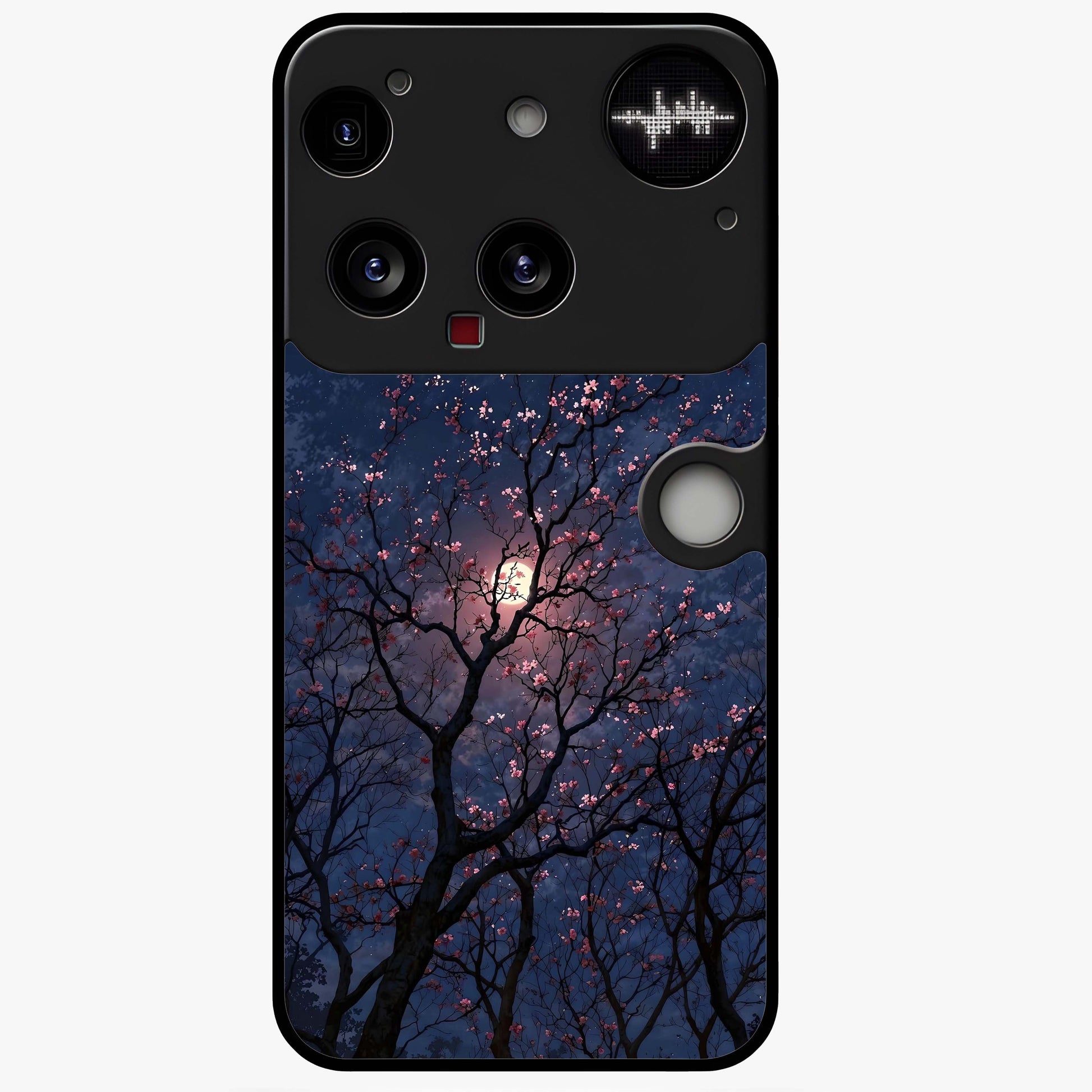 Twilight Sakura Serenade Glass Case showing flat back view with cherry blossom artwork at twilight and glossy glass finish.
