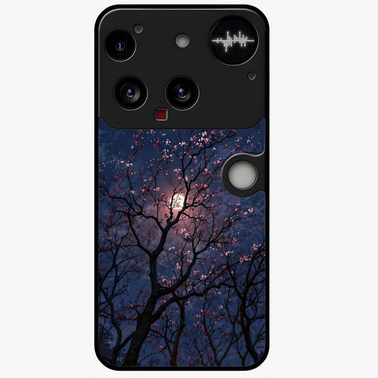 Twilight Sakura Serenade Glass Case showing flat back view with cherry blossom artwork at twilight and glossy glass finish.