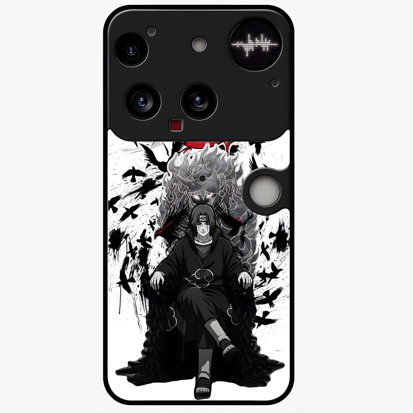 Uchiha Shadow Throne Glass Case showing flat back view with cosmic underwater themed artwork and glossy glass finish.