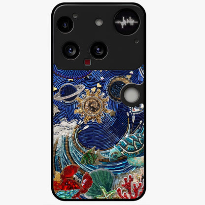 Universe Underwater Spark Glass Case showing flat back view with cosmic underwater themed artwork and glossy glass finish.